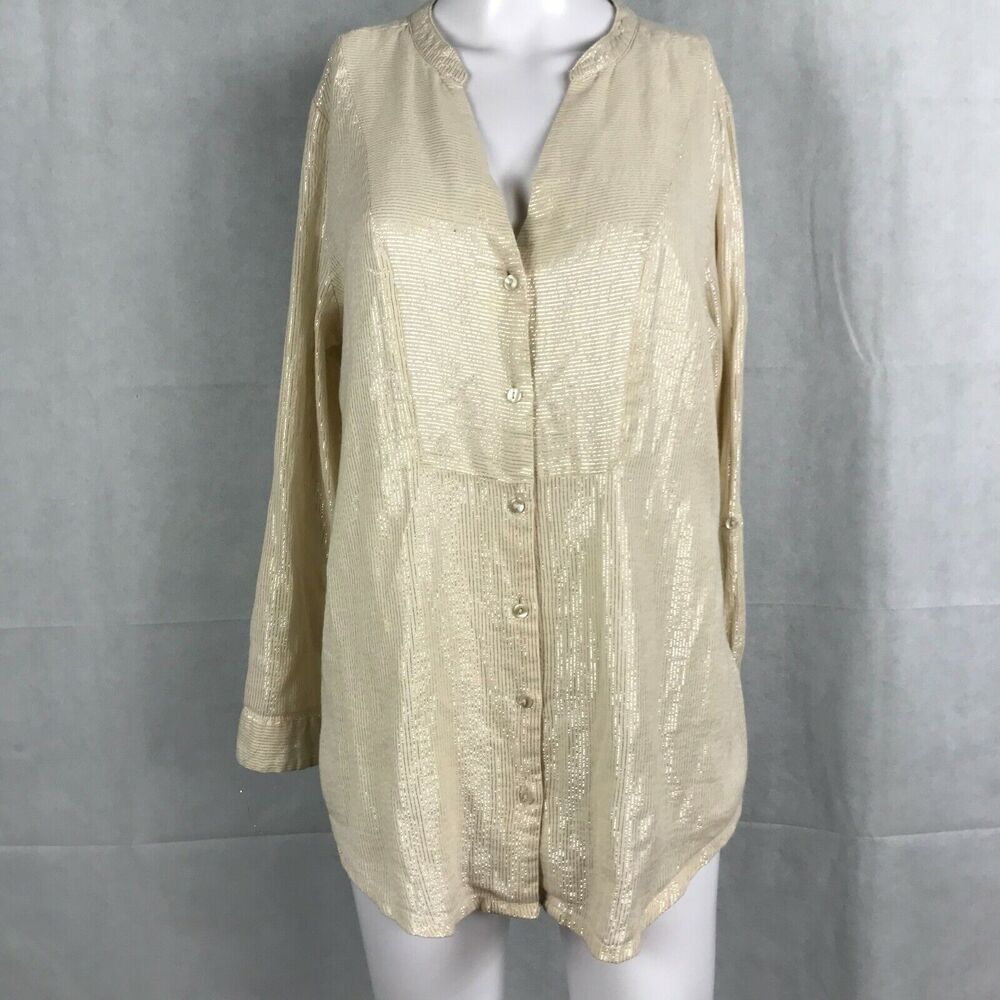 Hannah Shirt Womens Sz M Gold Metallic Striped Cotton‎ Roll Tab Sleeve Button Up